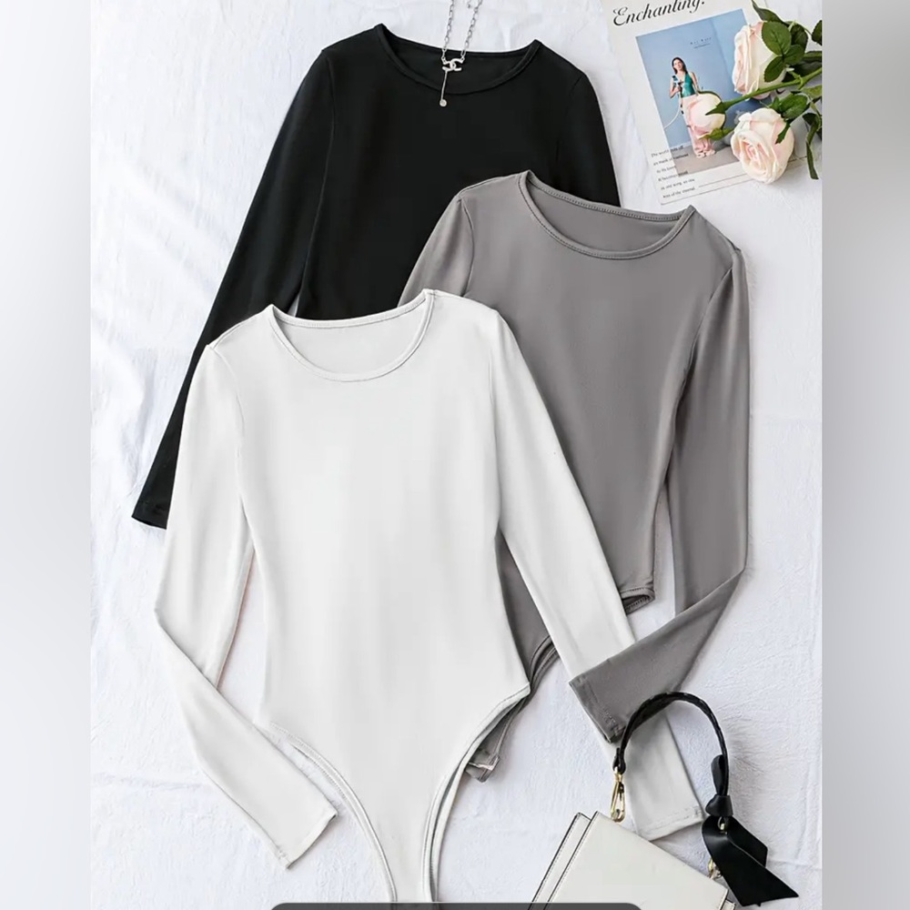Solid Crew Neck Bodysuit 3 Pack, Casual Long Sleeve One-piece Bodysuit